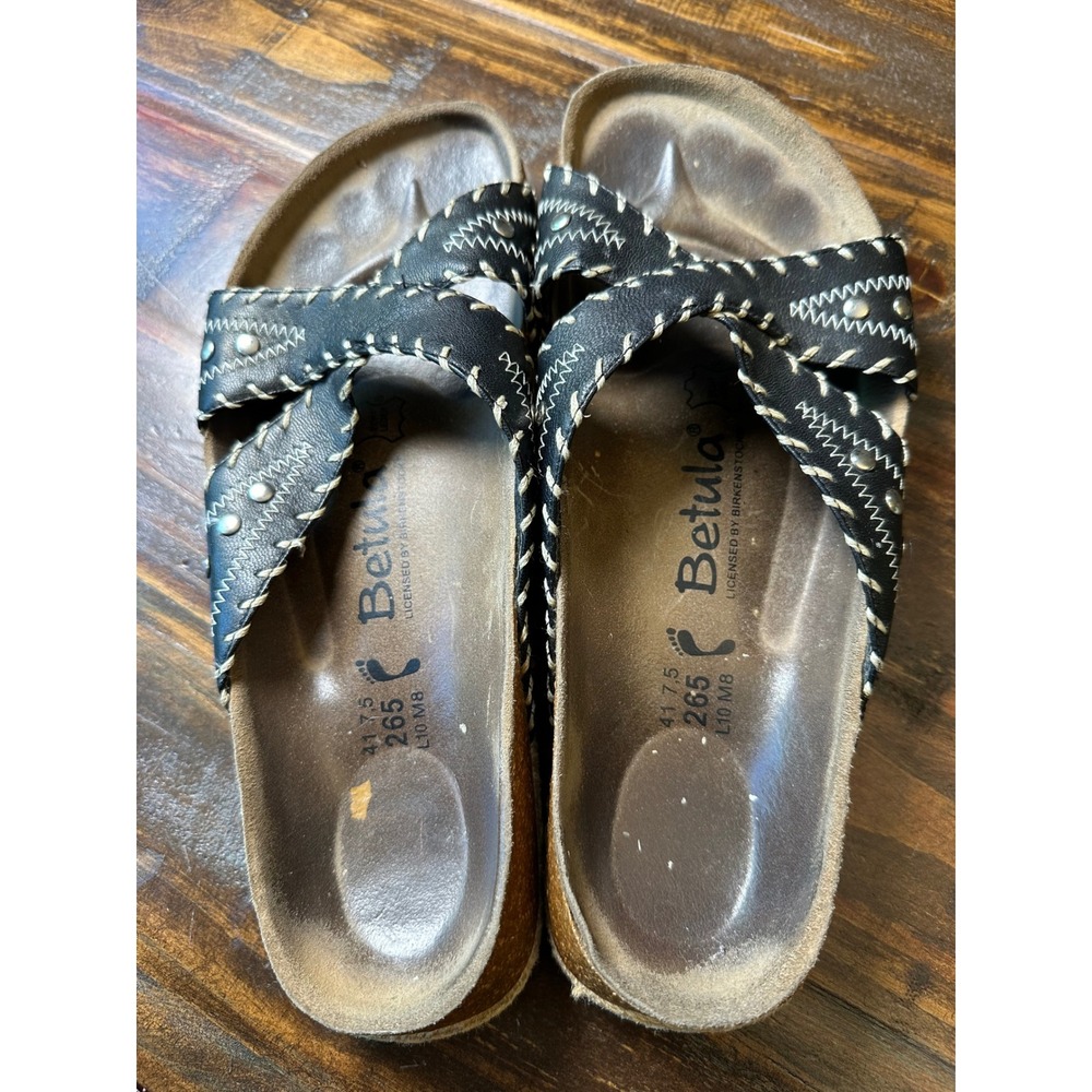 Betula‎ Birkenstock Black Studded Whipstitch Cork Jute Slide Sandals 41 L10 M8